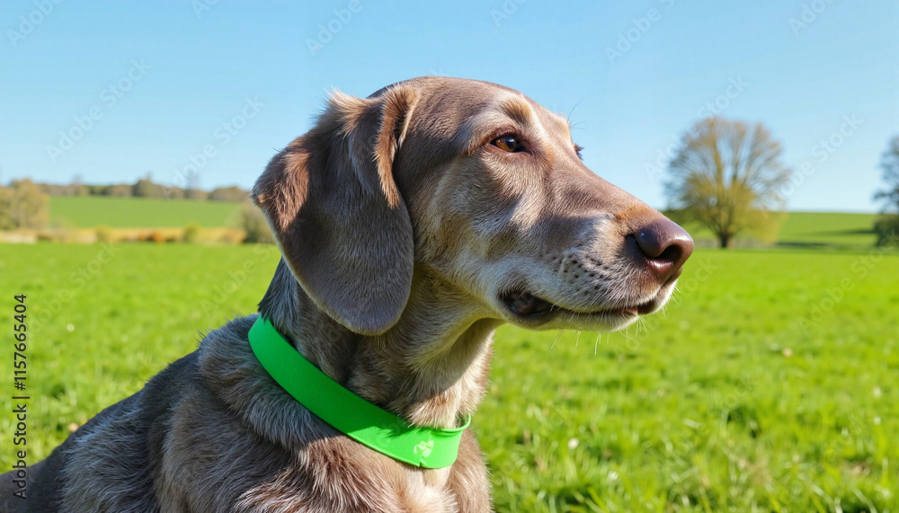 Dog in a green collar enjoying the outdoors on a sunny green Irish field Dog in a green collar enjoying the outdoors on a sunny green Irish field