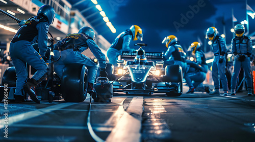 professional pit crew in action during a high-speed car race pitstop demonstrating the ultimate teamwork and coordination for top performance
