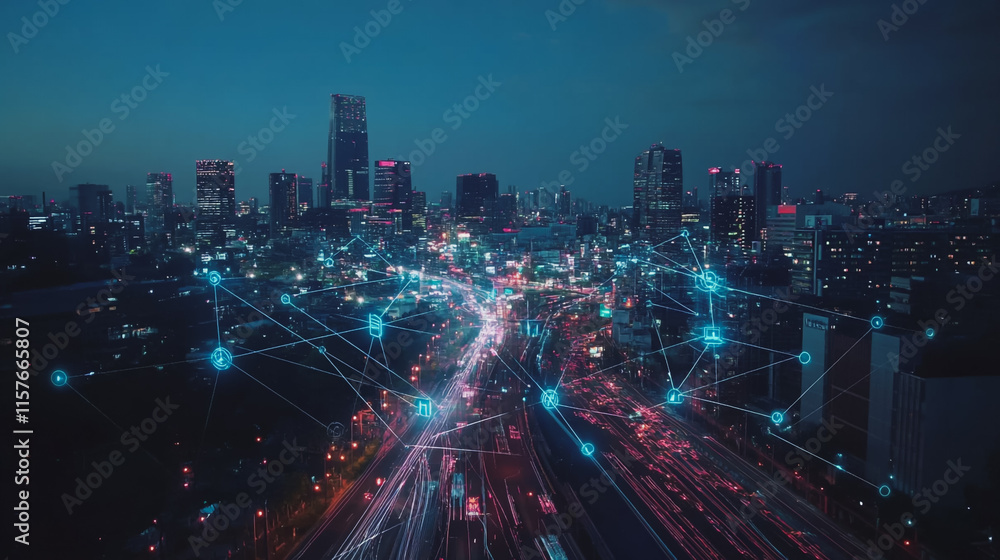 Fototapeta premium Smart digital Innovation city with connection network reciprocity over the cityscape. of future smart wireless digital city and social media networking systems that connects people with in city
