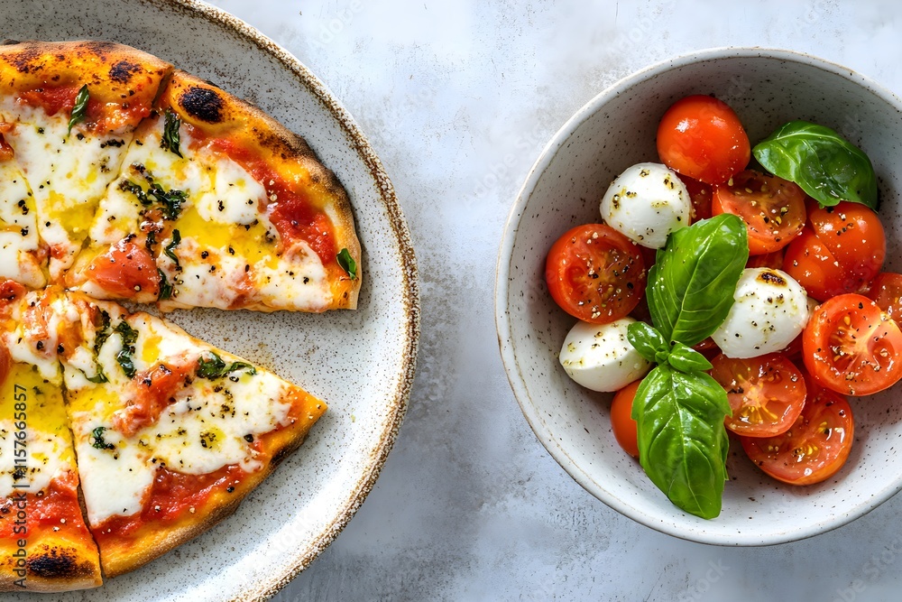 Close-up on a wooden table: left, a greasy slice of cheese-laden pizza; right, a vibrant tomato-mozzarella salad with basil and olive oil drizzle, and illustrating the healthy living by eating healthy Close-up on a wooden table: left, a greasy slice of cheese-laden pizza; right, a vibrant tomato-mozzarella salad with basil and olive oil drizzle, and illustrating the healthy living by eating healthy