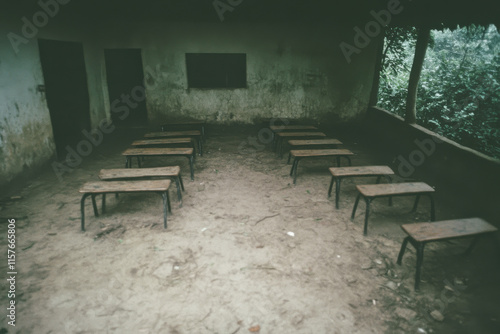 A classroom with empty benches and a chalkboard