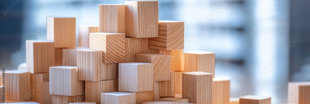 Wooden Blocks Structure - Abstract image symbolizing growth, construction, planning, stability, and potential. Wooden cubes stacked. Wooden Blocks Structure - Abstract image symbolizing growth, construction, planning, stability, and potential. Wooden cubes stacked.