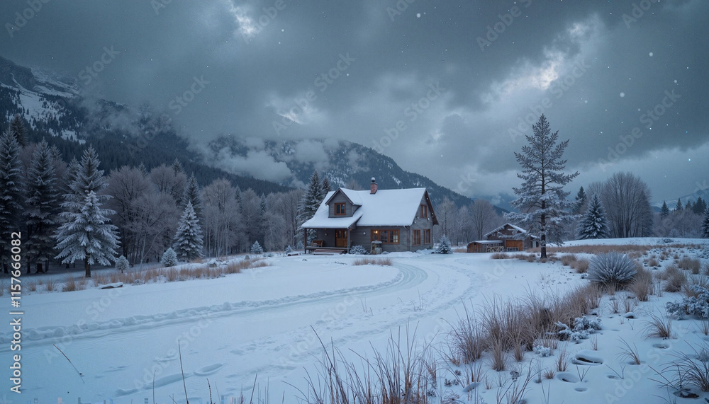 Snowy cabin in a serene winter mountain landscape Snowy cabin in a serene winter mountain landscape