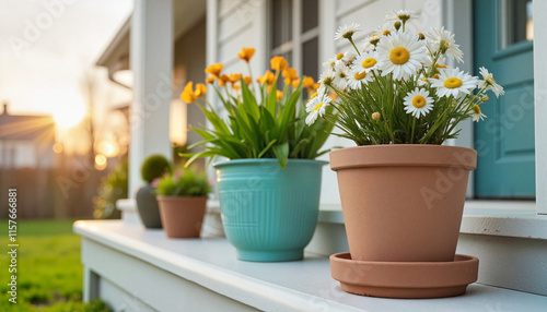 Wallpaper Mural Flower pots with daisies and tulips on porch during sunset Torontodigital.ca