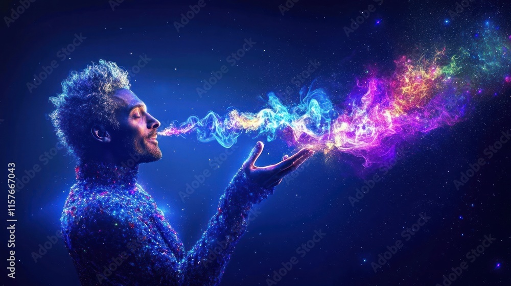 A cosmic figure exhaling colorful, swirling energy in a starry environment. A cosmic figure exhaling colorful, swirling energy in a starry environment.