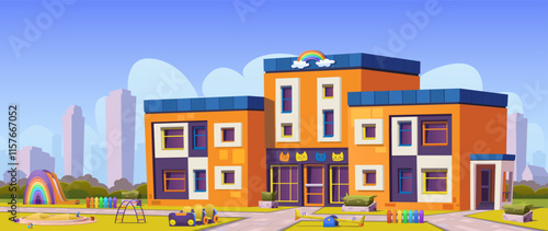 Kindergarten with playground and sandbox. Building facade with cat faces and rainbow, cartoon vector, modern architecture. Public place, cityscape, lawn, walkpath, children's swings, slide, toys.