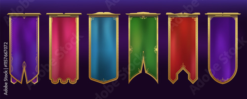Set of flags with heraldry elements in medieval or fantasy style. Vector flag template with decorative pattern and ornament. Bright canvas with golden frame. Vertical folded fabric isolated flag.