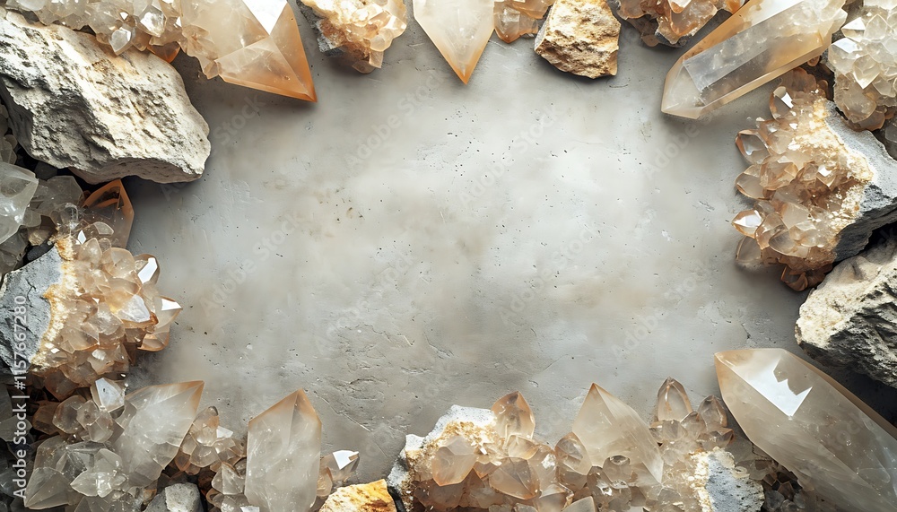 Obraz premium A frame of sparkling, translucent quartz crystals borders a neutral-colored background, creating a scene that evokes a sense of natural wonder. Banner, background