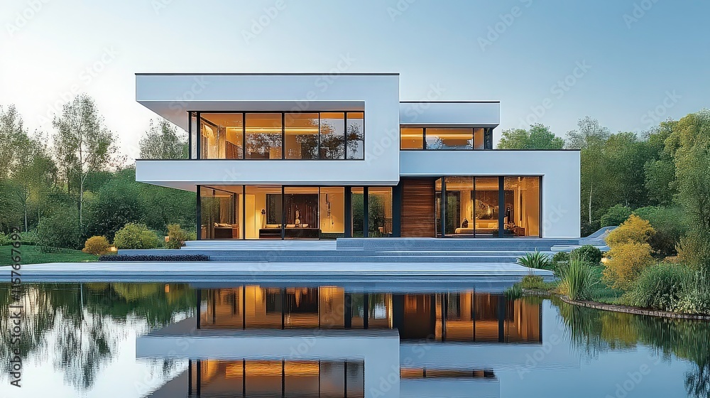 Modern architectural masterpiece with sleek lines and expansive windows reflecting serene surroundings near a tranquil body of water and lush greenery Modern architectural masterpiece with sleek lines and expansive windows reflecting serene surroundings near a tranquil body of water and lush greenery
