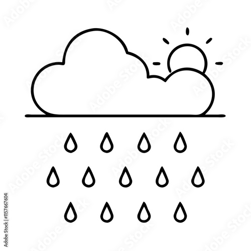 Cloud with sun and rain droplets in minimalist line art.