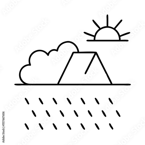 Tent with sun, rain, and clouds in minimalist line art.
