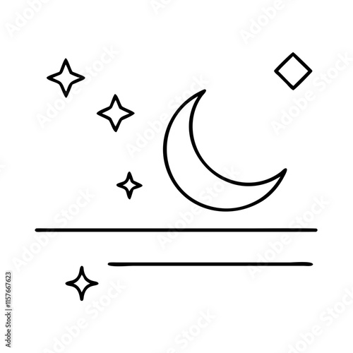 Crescent moon with stars in minimalist line art