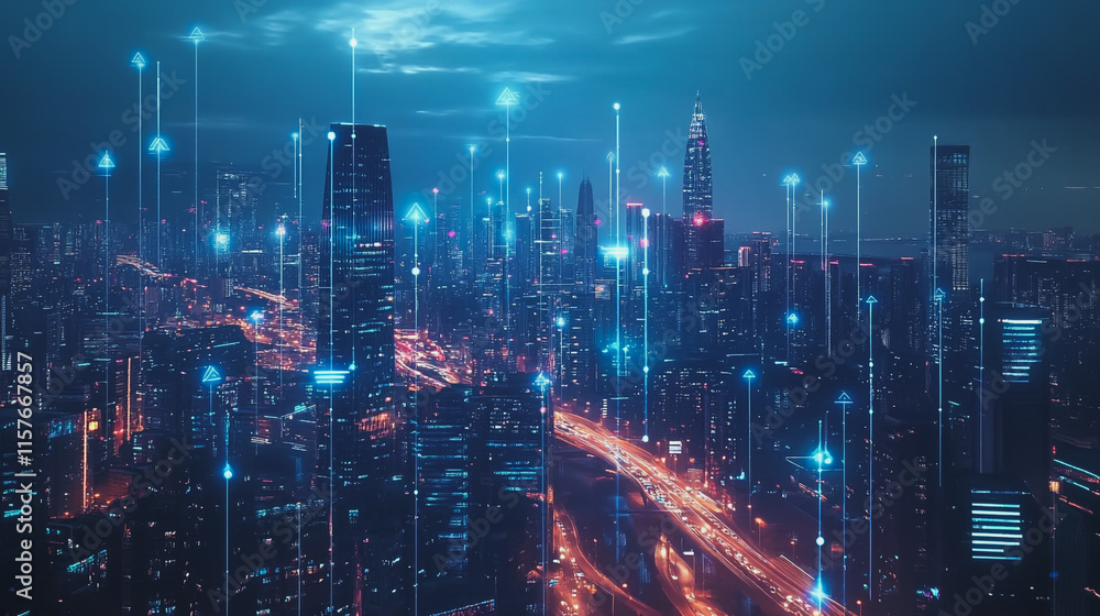 Fototapeta premium Smart digital Innovation city with connection network reciprocity over the cityscape. of future smart wireless digital city and social media networking systems that connects people with in city