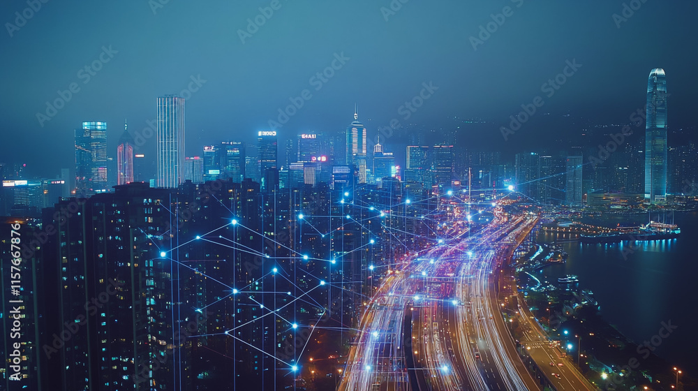 Obraz premium Smart digital Innovation city with connection network reciprocity over the cityscape. of future smart wireless digital city and social media networking systems that connects people with in city