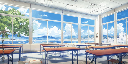 Empty classroom overlooking a beautiful sea view with sailboats and mountains