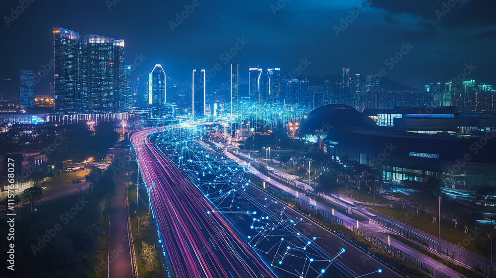 Smart digital Innovation city with connection network reciprocity over the cityscape. of future smart wireless digital city and social media networking systems that connects people with in city Smart digital Innovation city with connection network reciprocity over the cityscape. of future smart wireless digital city and social media networking systems that connects people with in city