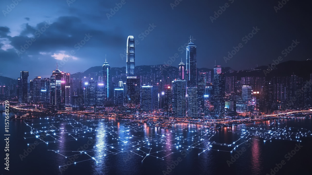 Fototapeta premium Smart digital Innovation city with connection network reciprocity over the cityscape. of future smart wireless digital city and social media networking systems that connects people with in city