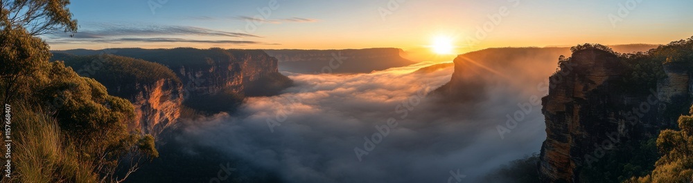 Fototapeta premium Paragliding above mountains at sunrise with clouds beneath in a breathtaking landscape