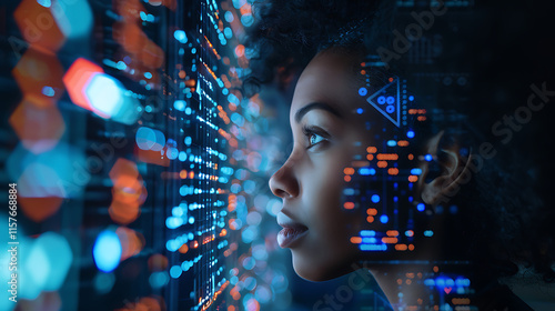 black african american female it specialist ai cyber security threat illustration analyzing data information technology augmented reality artificial intelligence collage side profile copy space
