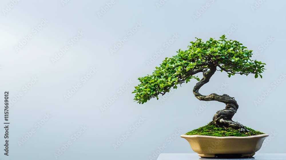 A gracefully curved bonsai tree with vibrant green foliage sits in a beige pot against a minimalist light-blue background. The image evokes serenity and the art of bonsai cultivation.