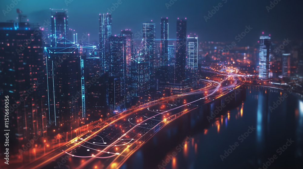 Obraz premium Smart digital Innovation city with connection network reciprocity over the cityscape. of future smart wireless digital city and social media networking systems that connects people with in city