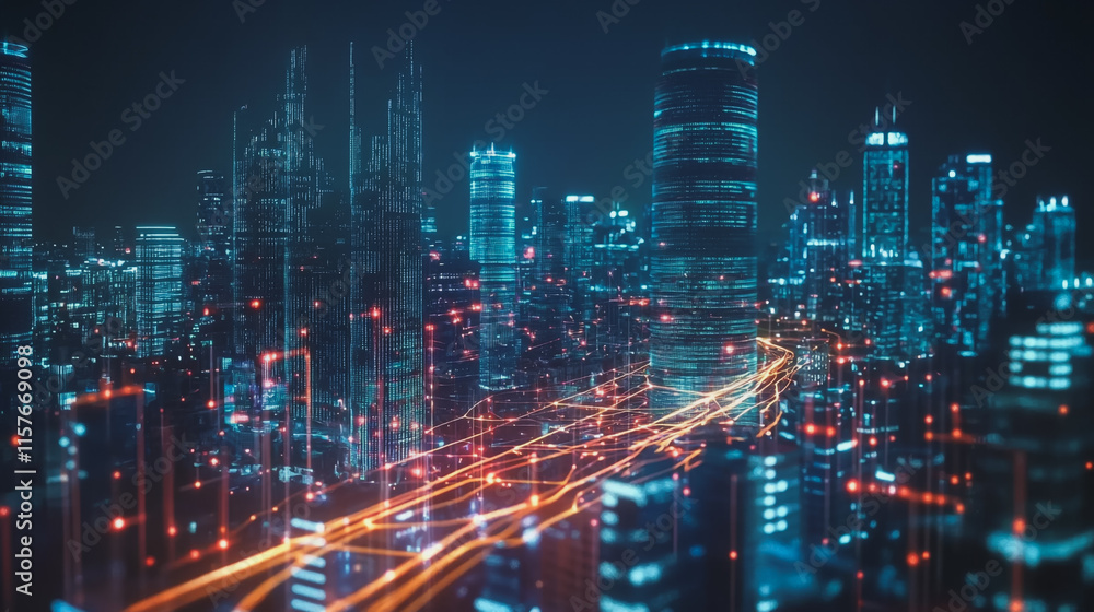 Smart digital Innovation city with connection network reciprocity over the cityscape. of future smart wireless digital city and social media networking systems that connects people with in city Smart digital Innovation city with connection network reciprocity over the cityscape. of future smart wireless digital city and social media networking systems that connects people with in city