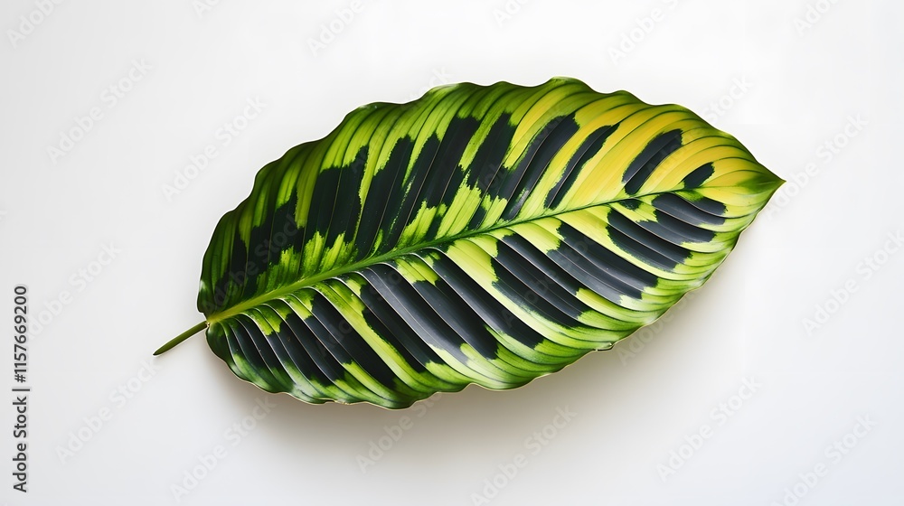 Single vibrant Calathea leaf with striking green and yellow patterns, isolated on a clean white background. Perfect for nature, botanical, or tropical themed designs. Single vibrant Calathea leaf with striking green and yellow patterns, isolated on a clean white background. Perfect for nature, botanical, or tropical themed designs.