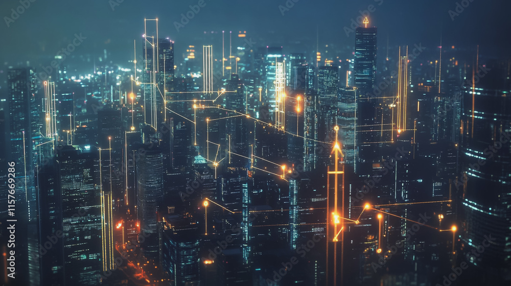 Smart digital Innovation city with connection network reciprocity over the cityscape. of future smart wireless digital city and social media networking systems that connects people with in city