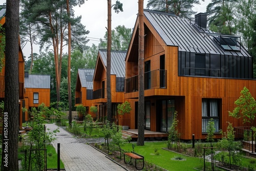 Modern Wooden Housing Estate: Sustainable Architecture in Nature's Embrace photo