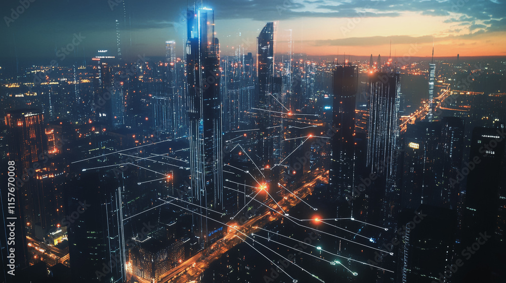 Fototapeta premium Smart digital Innovation city with connection network reciprocity over the cityscape. of future smart wireless digital city and social media networking systems that connects people with in city
