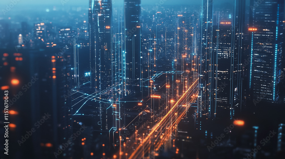 Fototapeta premium Smart digital Innovation city with connection network reciprocity over the cityscape. of future smart wireless digital city and social media networking systems that connects people with in city