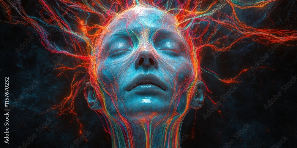 Surreal Digital Art of an Ethereal Human Face Illuminated by Vibrant Neon Lights and Energy Veins, Enigmatic Conceptual Expression in Futuristic Style Surreal Digital Art of an Ethereal Human Face Illuminated by Vibrant Neon Lights and Energy Veins, Enigmatic Conceptual Expression in Futuristic Style