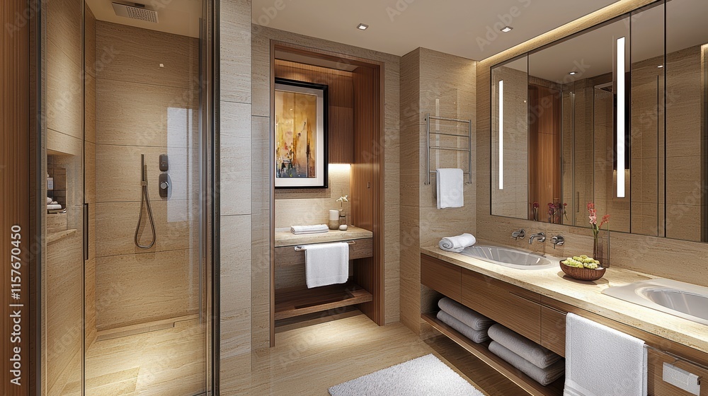 Luxurious modern bathroom with elegant design, featuring warm tones and sleek fixtures for a serene atmosphere. Luxurious modern bathroom with elegant design, featuring warm tones and sleek fixtures for a serene atmosphere.