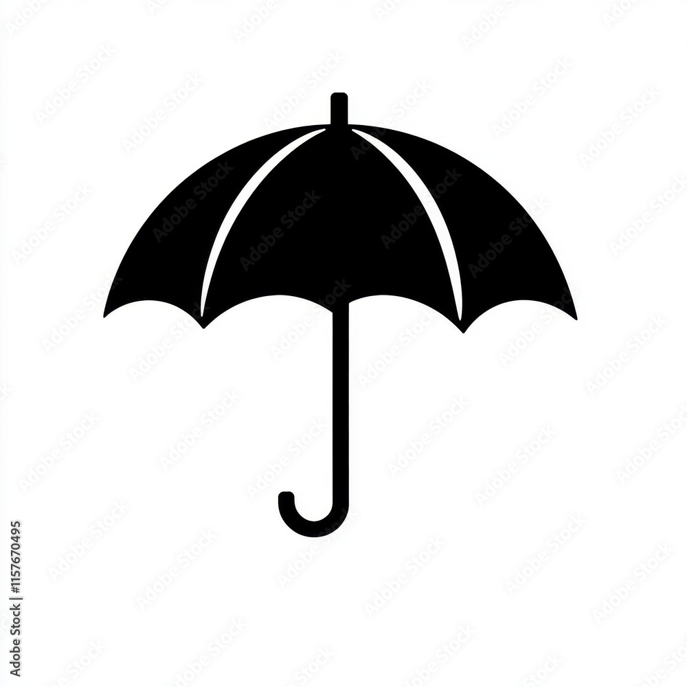 A simple black silhouette of an umbrella against a white background, symbolizing protection from rain.
