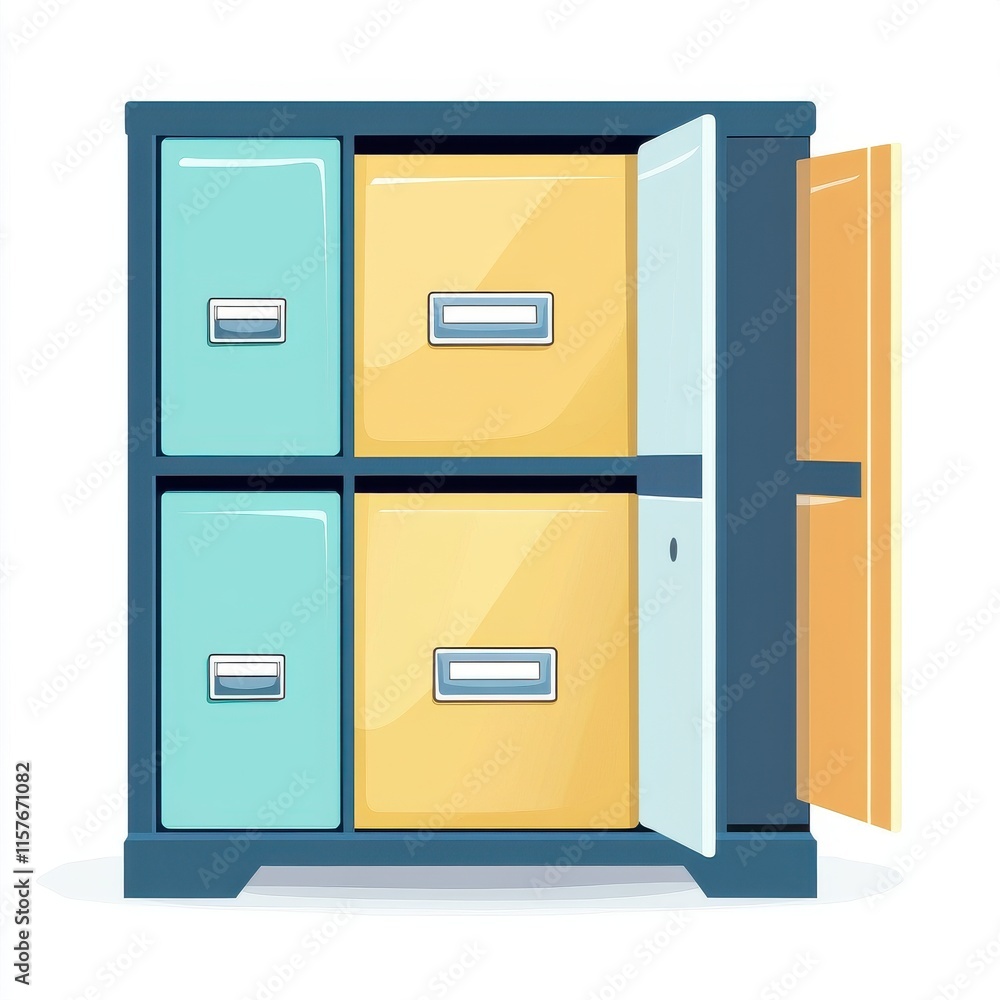 Stylish and colorful four-drawer filing cabinet with open doors, perfect for organizing office supplies.