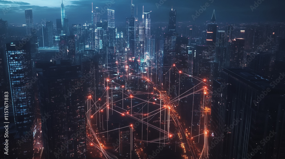 Obraz premium Smart digital Innovation city with connection network reciprocity over the cityscape. of future smart wireless digital city and social media networking systems that connects people with in city