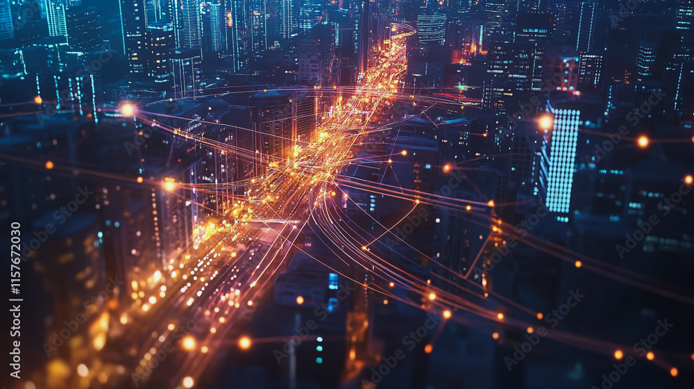 Fototapeta premium Smart digital Innovation city with connection network reciprocity over the cityscape. of future smart wireless digital city and social media networking systems that connects people with in city
