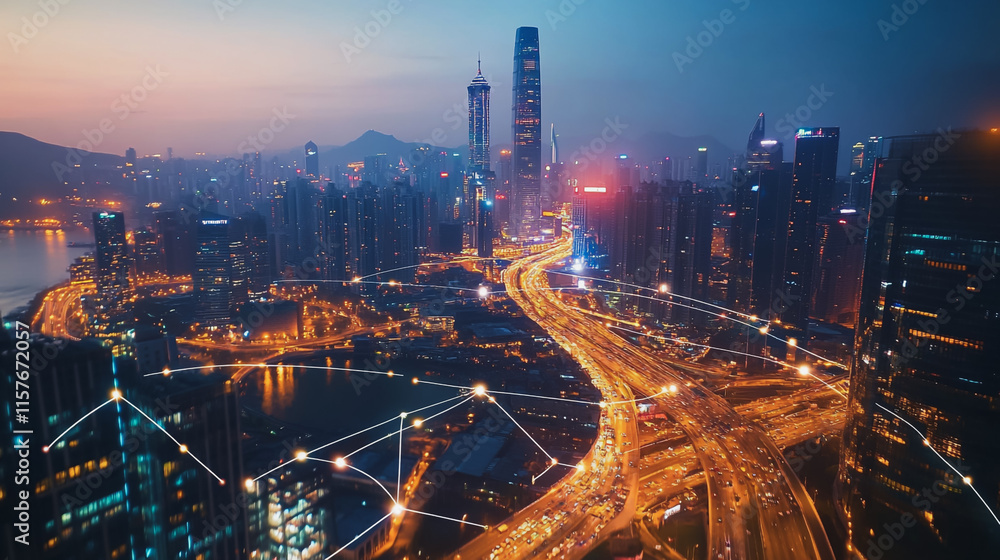 Fototapeta premium Smart digital Innovation city with connection network reciprocity over the cityscape. of future smart wireless digital city and social media networking systems that connects people with in city