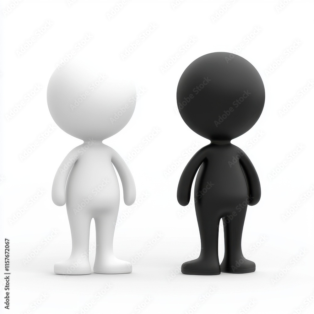 Two cartoon figures, one white and one black, stand side by side, symbolizing unity and diversity in a minimalist style. Two cartoon figures, one white and one black, stand side by side, symbolizing unity and diversity in a minimalist style.