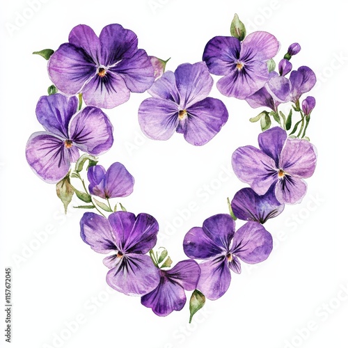 Watercolor Purple Flowers in Shape of Heart Isolated on White Background 