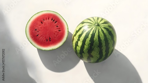 A whole watermelon and a half of one on a white background, with shadows cast by sunlight.  Perfect for summer themes and healthy eating concepts. photo