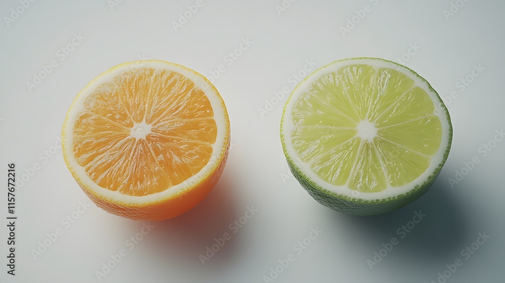 Half an orange and half a lime are placed side-by-side on a white background. The vibrant colors and juicy texture of the citrus fruits are clearly visible. Half an orange and half a lime are placed side-by-side on a white background. The vibrant colors and juicy texture of the citrus fruits are clearly visible.
