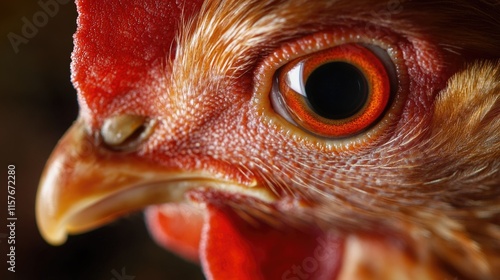 Close-up shot of a chicken's head with distinctive red beak, suitable for farm or animal-themed projects photo