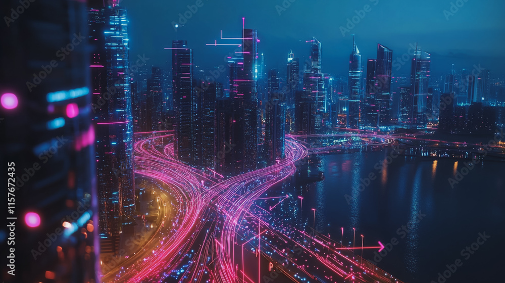 Obraz premium Smart digital Innovation city with connection network reciprocity over the cityscape. of future smart wireless digital city and social media networking systems that connects people with in city