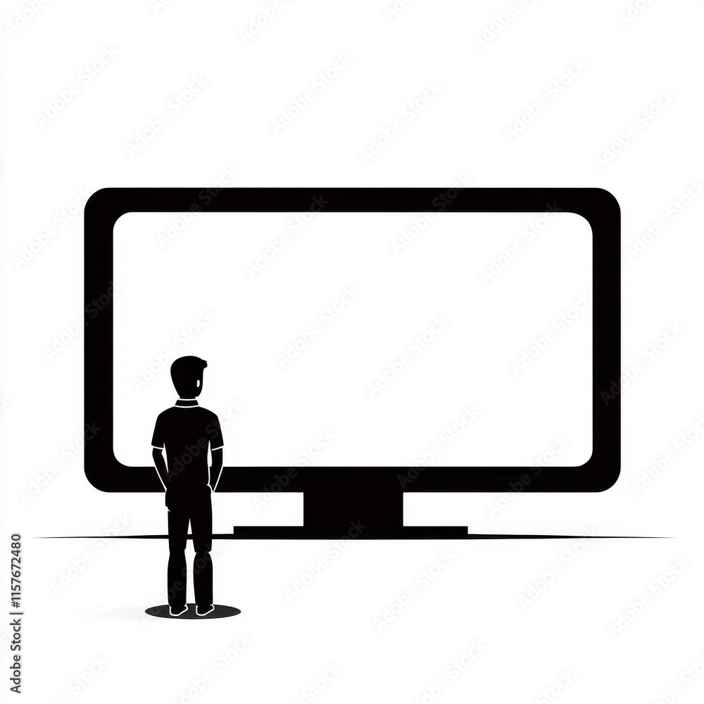 A silhouette of a boy gazing at a large blank screen, representing curiosity and imagination.