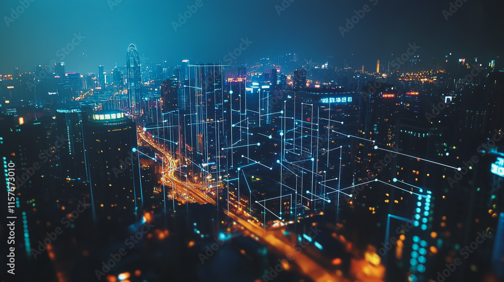 Fototapeta premium Smart digital Innovation city with connection network reciprocity over the cityscape. of future smart wireless digital city and social media networking systems that connects people with in city