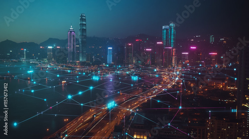 Wallpaper Mural Smart digital Innovation city with connection network reciprocity over the cityscape. of future smart wireless digital city and social media networking systems that connects people with in city Torontodigital.ca