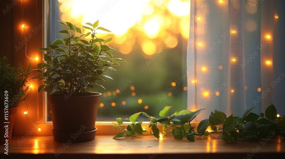 A cozy window scene with plants and fairy lights, capturing a warm sunset ambiance. A cozy window scene with plants and fairy lights, capturing a warm sunset ambiance.