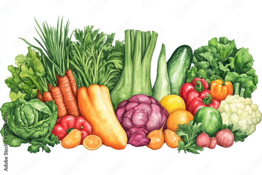 A colorful arrangement of fresh vegetables on a clean white background, perfect for food or nature-themed illustrations A colorful arrangement of fresh vegetables on a clean white background, perfect for food or nature-themed illustrations