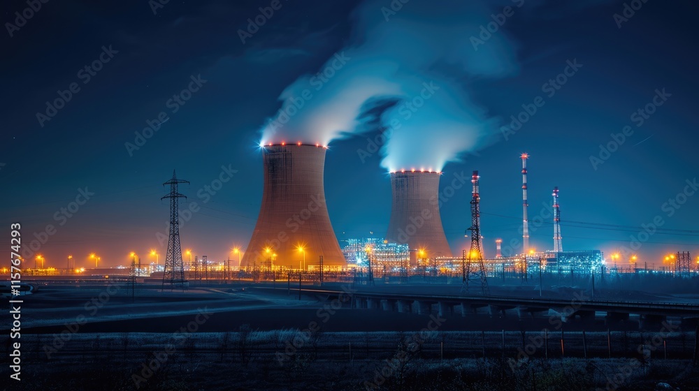 Nighttime Nuclear Energy Plant: Illuminated Industrial Power Generation Facility Nighttime Nuclear Energy Plant: Illuminated Industrial Power Generation Facility